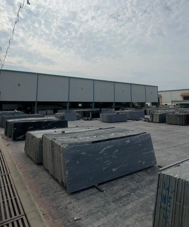 Steel A-frame rack used for transporting finished slabs