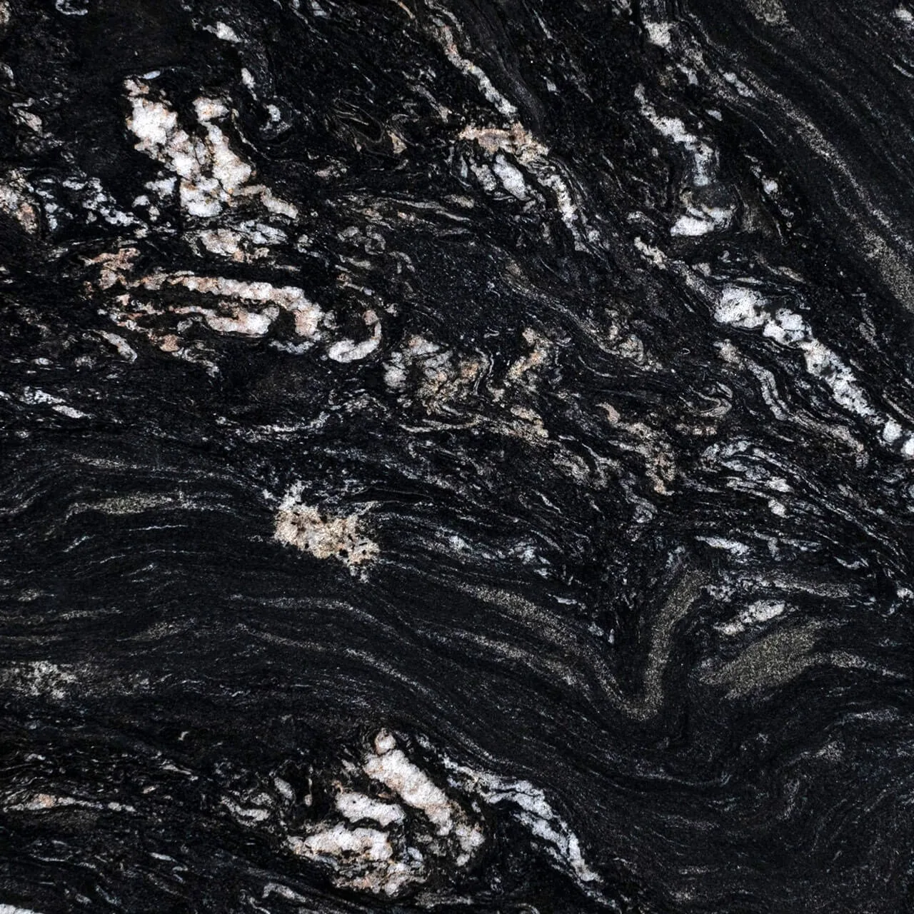 Cosmic Black granite, black with white and grey flowing movement