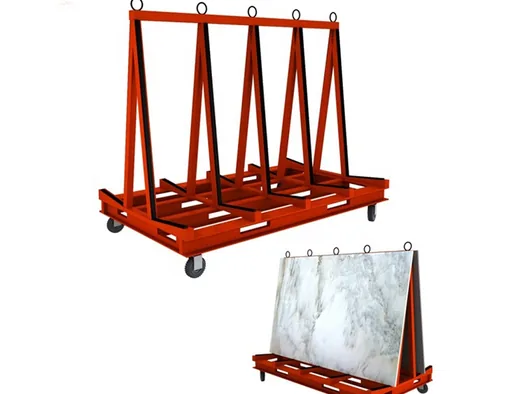 Steel A-frame rack used for transporting finished slabs