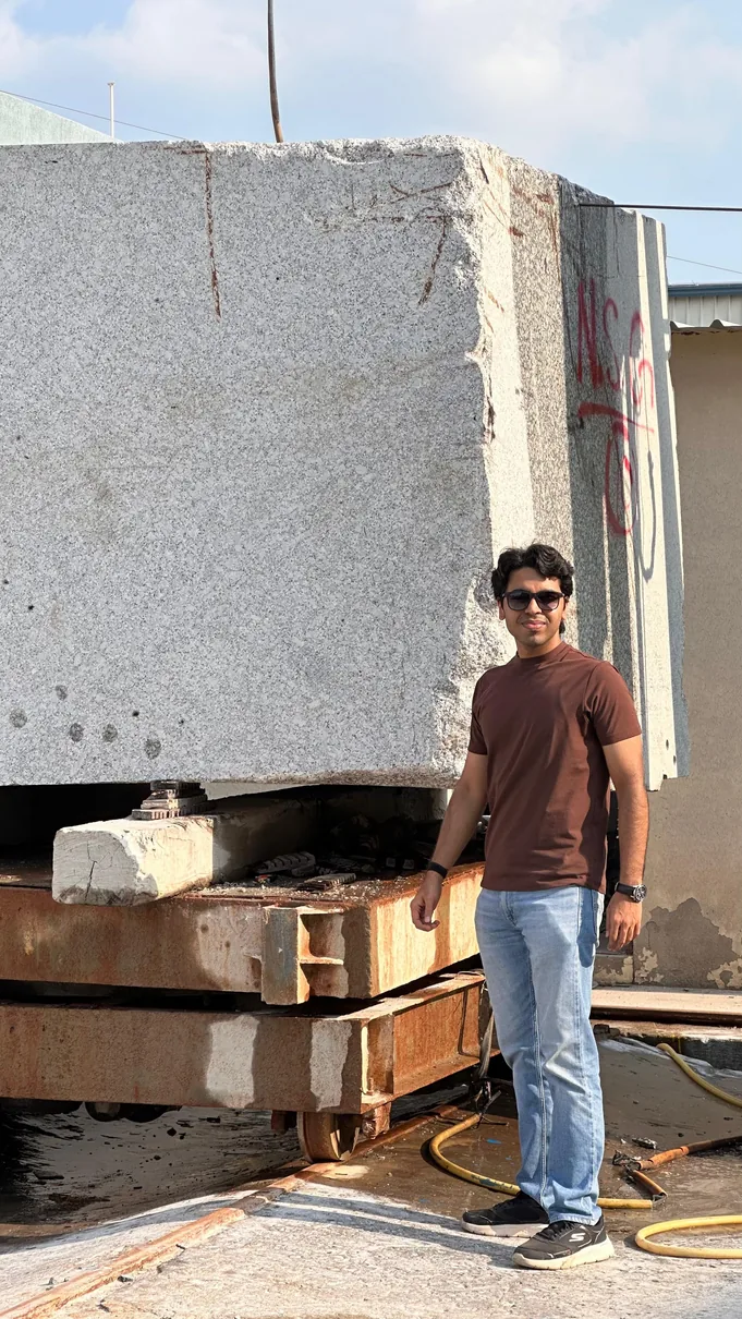 Raw quarried block at the cutting line