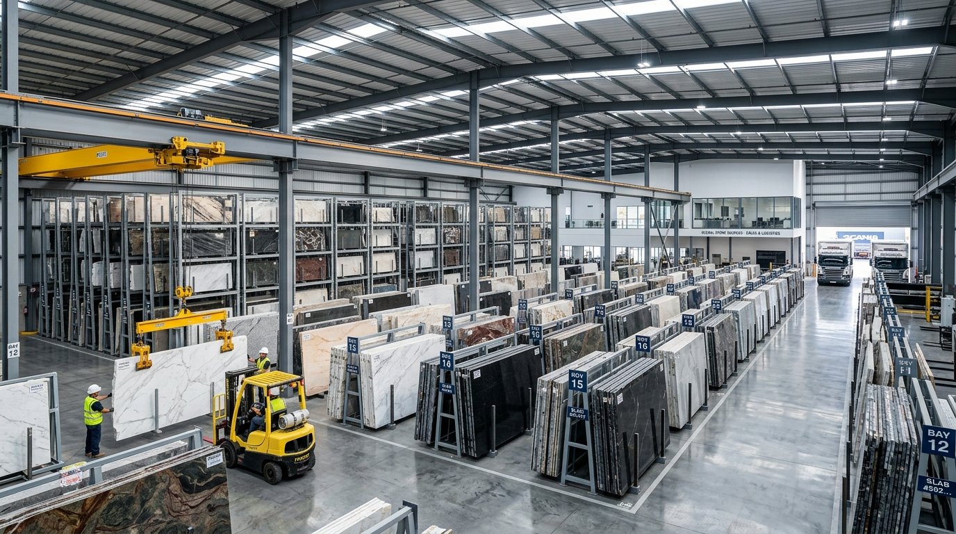 Massive premium granite slabs in warehouse